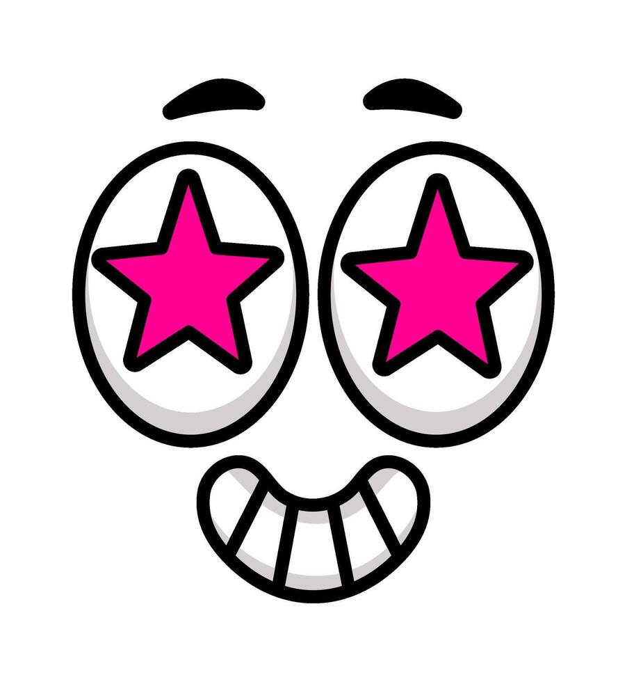 Funny cartoon face with pink star eyes and big smile expressing happiness, excitement, and positive emotions, perfect for social media, stickers, and playful designs vector