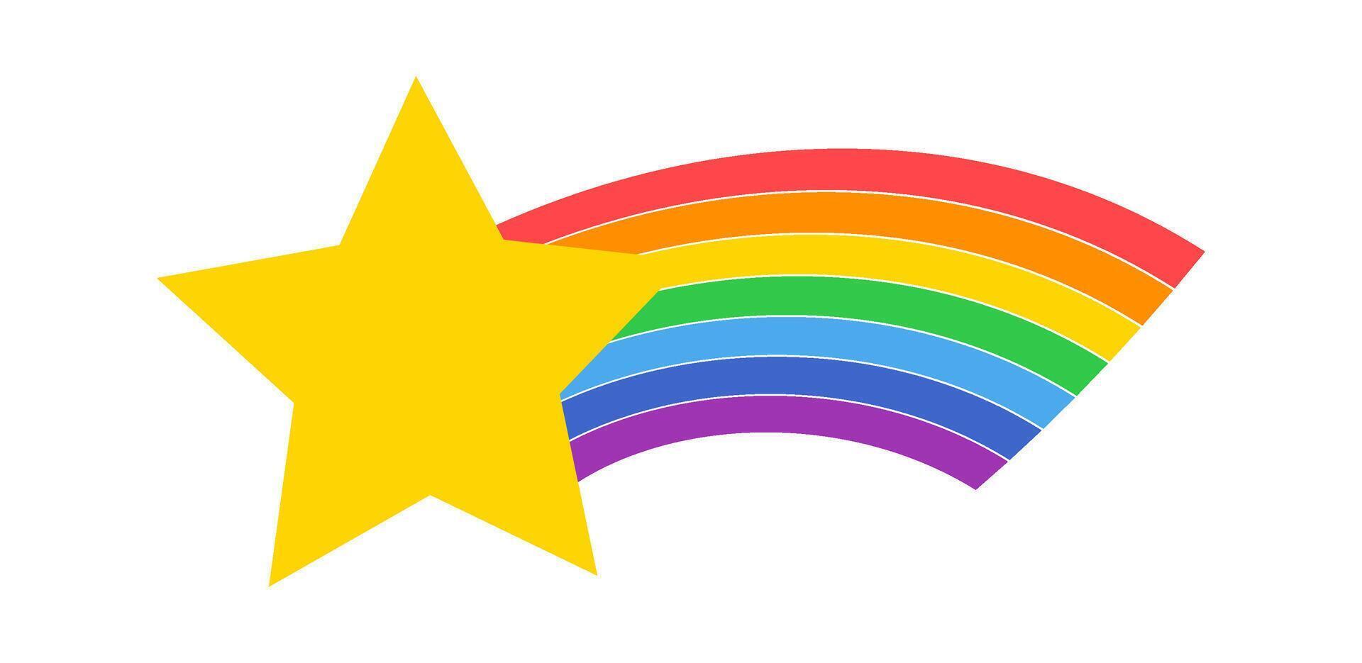 Gold shooting star soaring across a white background, leaving a vibrant rainbow trail, symbolizes success, achievement, dreams, magic, hope, and good luck in a whimsical, festive manner vector