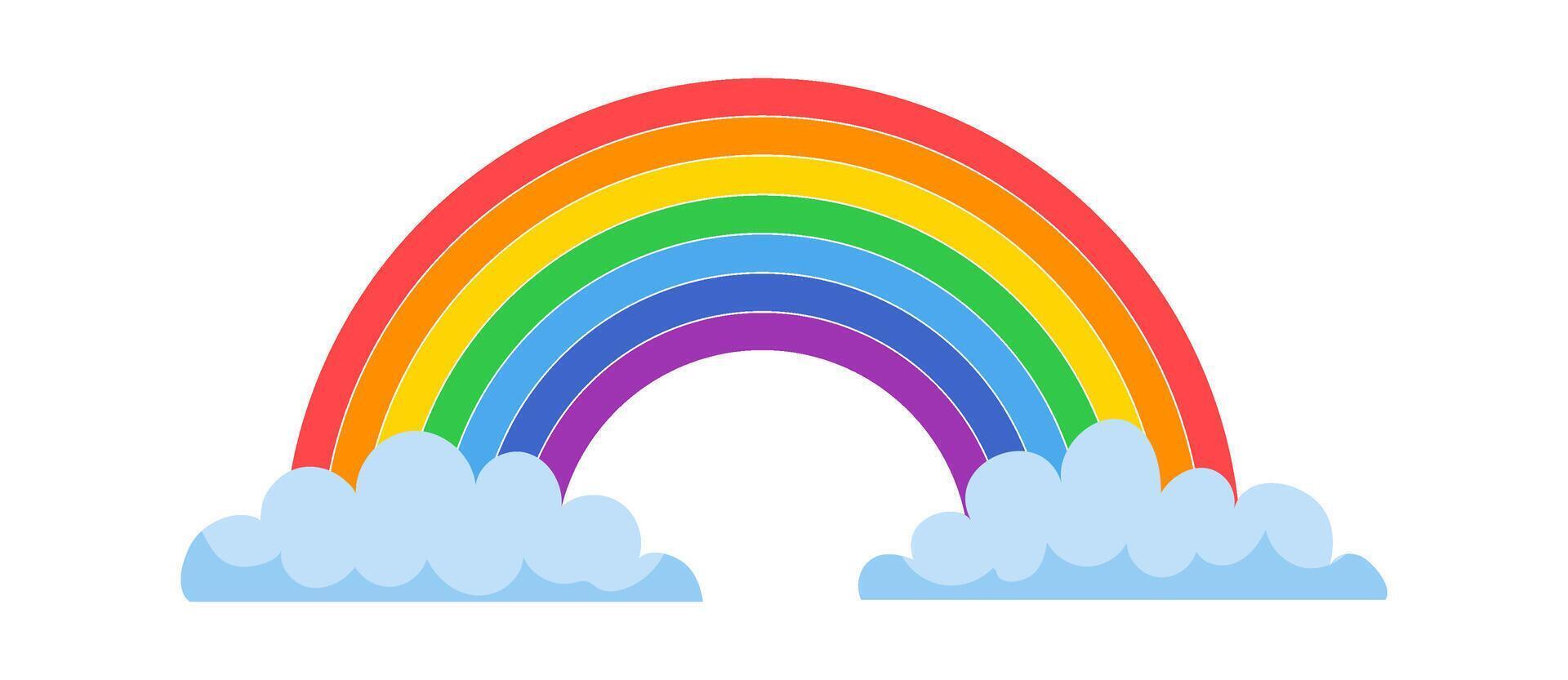 Bright, colorful rainbow arching gracefully over two fluffy clouds against a pristine white background, symbolizing hope, joy, and the beauty of nature s wonders vector