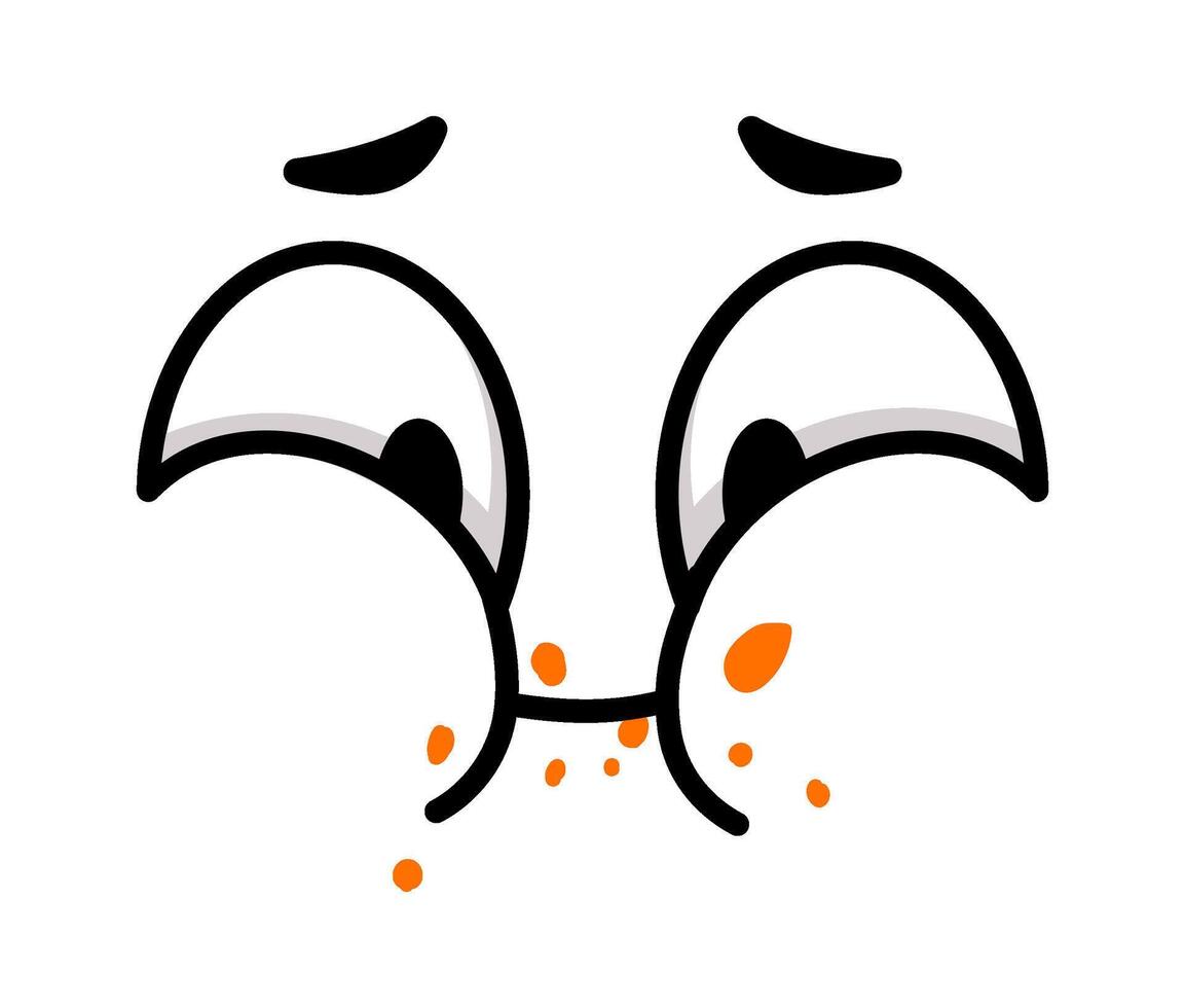 Simple cartoon face spitting orange crumbs while looking up with an expression of disgust, ideal for conveying concepts such as poor food quality, indigestion or disgust vector