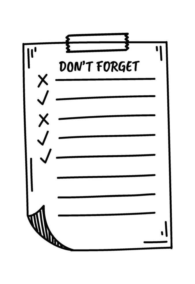 Hand drawn checklist displaying both completed and uncompleted tasks, secured with adhesive tape, representing organization and productivity in daily planning and time management vector