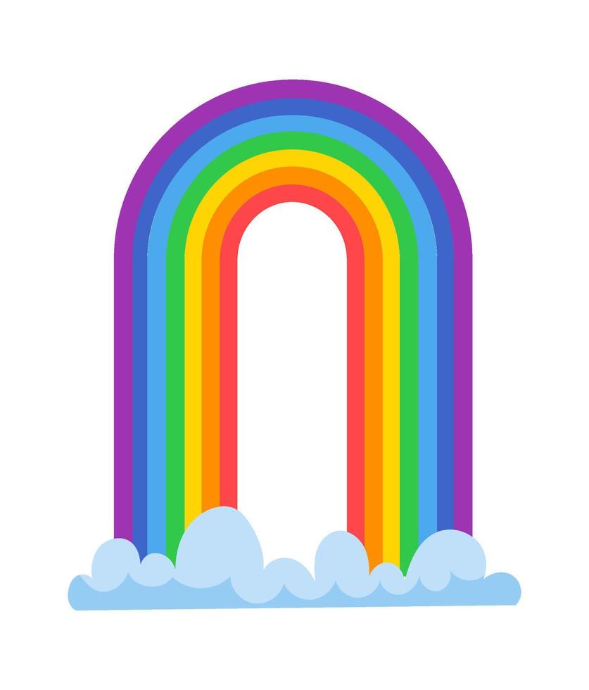 Colorful rainbow with distinct bands of color forming an arch over fluffy stylized clouds against a clean white backdrop, symbolizing hope, joy, and natural beauty vector