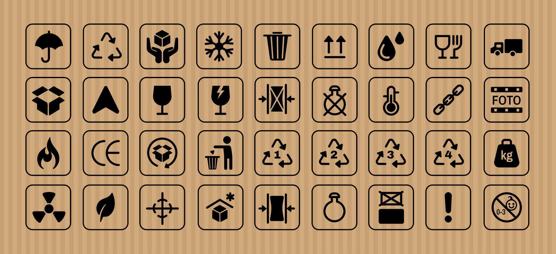 Packaging symbols. Shipping boxes icon. Parcels, packaging materials. Sticker labels for packages. Product safety, logistics communication, global e-commerce. collection vector