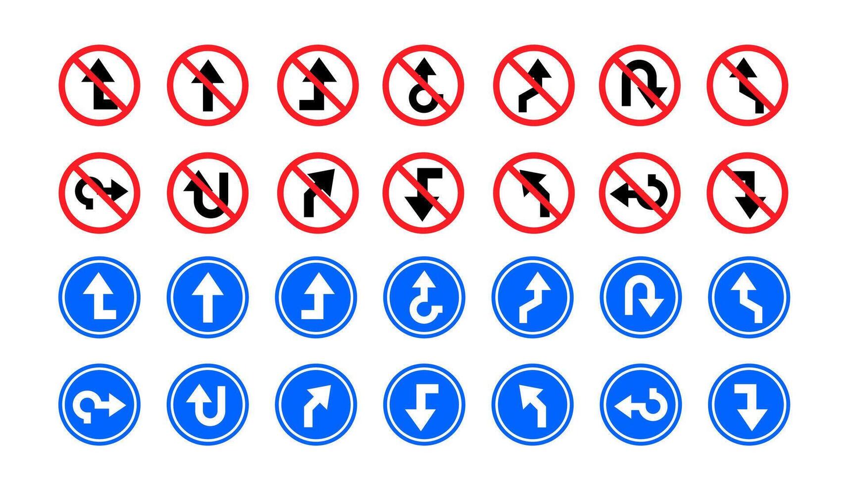 Road arrow sign. Navigation arrows symbol. Direction pointers, way sign. Driving marks, transport indicators icons. Turns, curves, straight paths, U-turns lane, signpost set vector