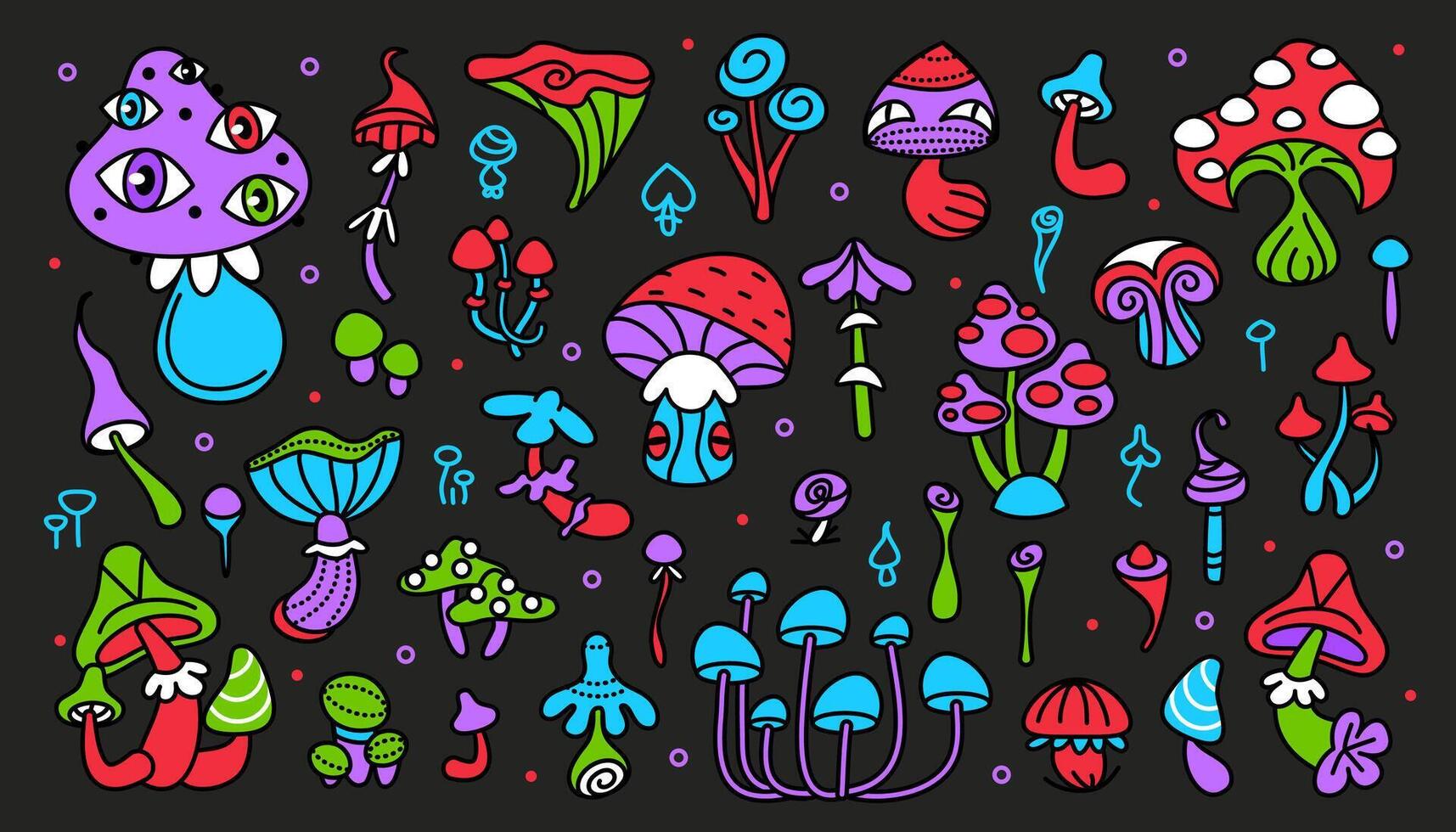 Psychedelic mushrooms. Retro hippy trippy mushroom. Cartoon funky hallucinogenic fungi. Magic trip. Groovy mycelium. Colorful mystical toadstools. sticker set vector