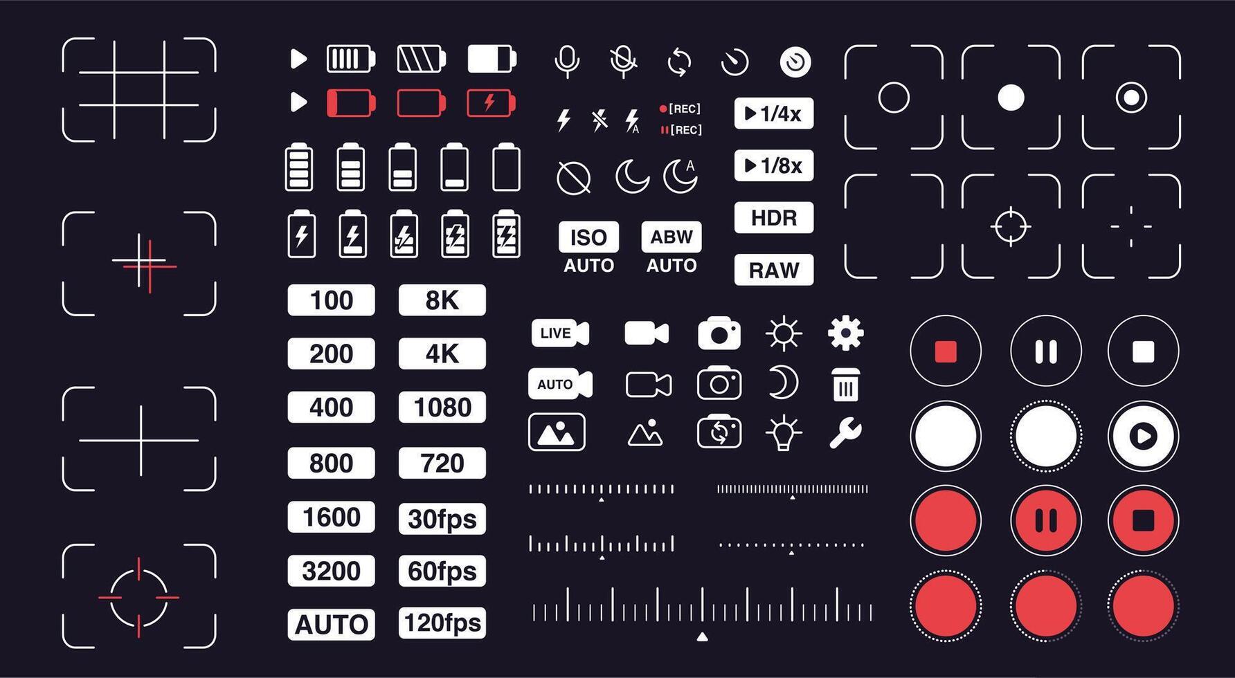 Camera interface. Smartphone camera UI icons. Mobile phone viewfinder, photo settings. Tablets digital cameras, photography apps, mobile accessories. cellphone symbols vector