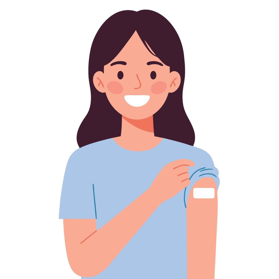 Smiling Woman with Plaster on Upper Arm After Receiving HPV Vaccine Celebration vector