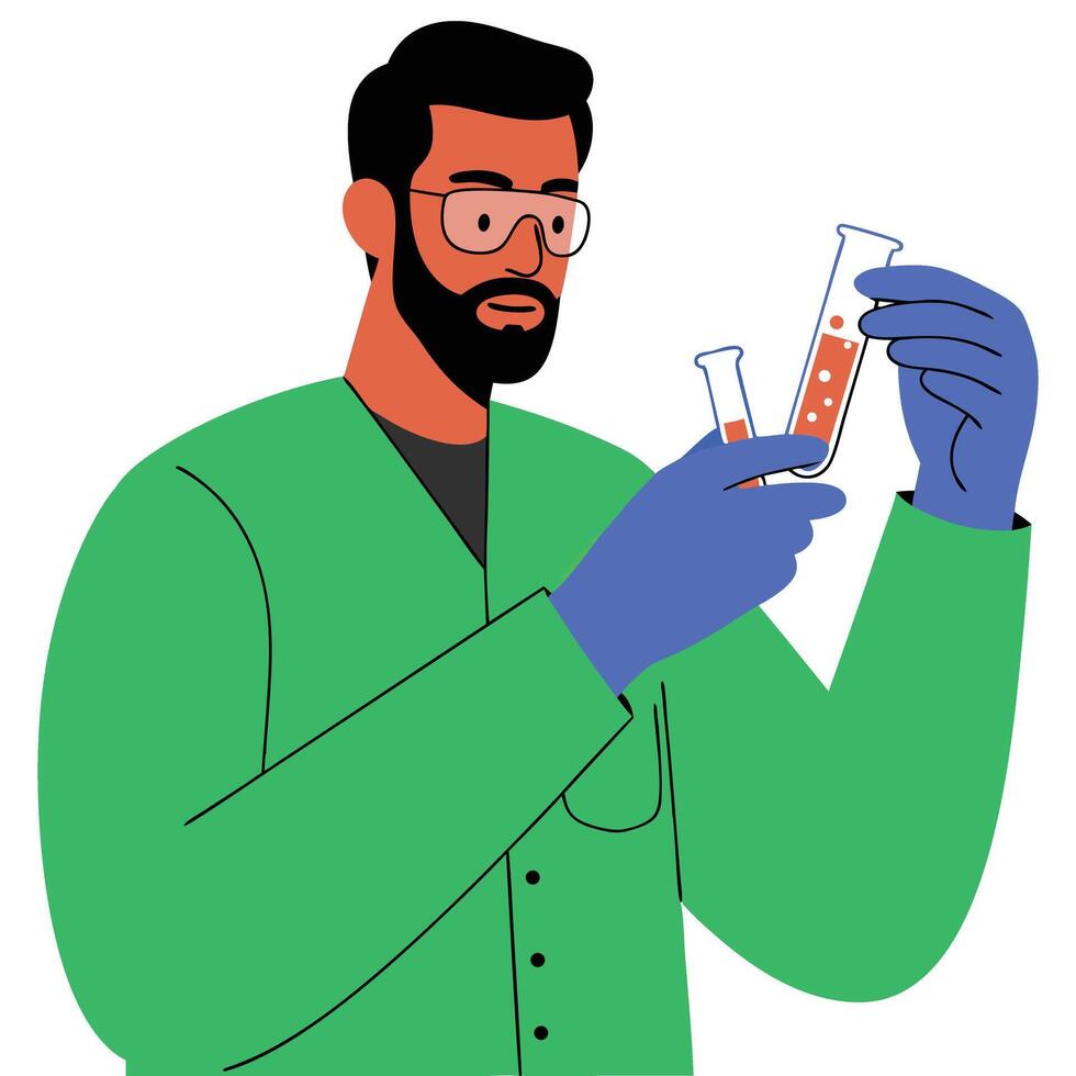 Scientist Conducting Experiment in Laboratory with Test Tubes and Glassware vector