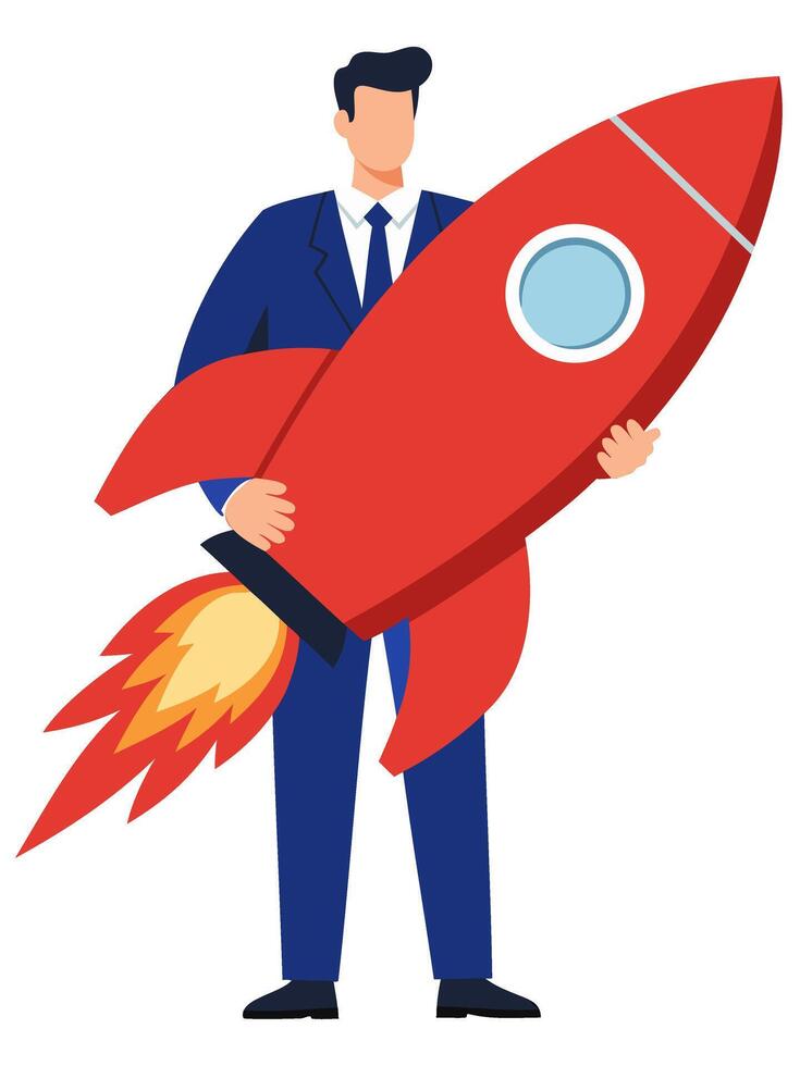 Businessman Holding a Rocket Symbolizing Growth and Success in a Modern Illustration vector