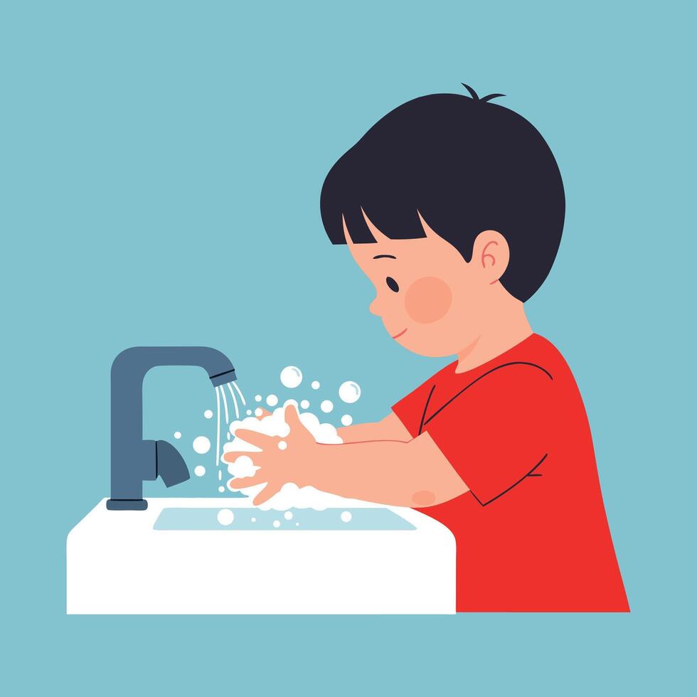 Young Boy Washing Hands with Soap and Bubbles at Bathroom Sink for Hygiene and Health Practices vector