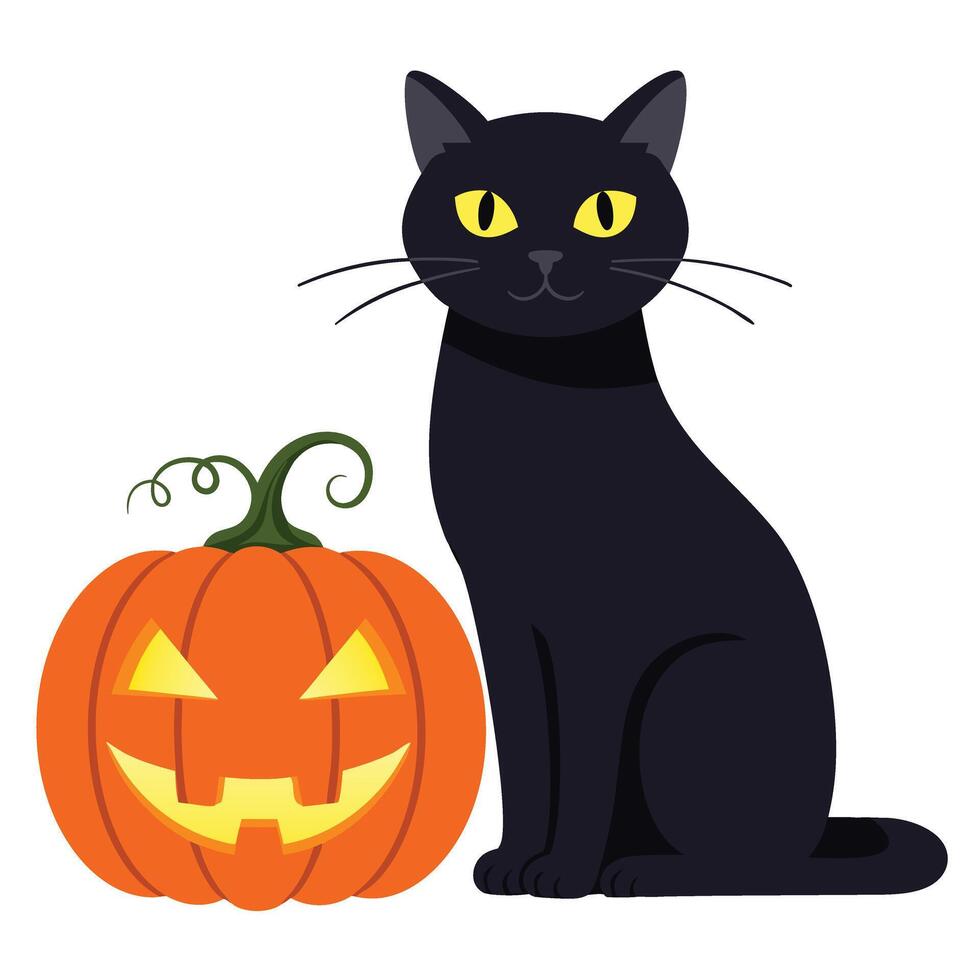 Black Cat Sitting Next to a Grinning Halloween Pumpkin with Yellow Eyes and Whiskers vector