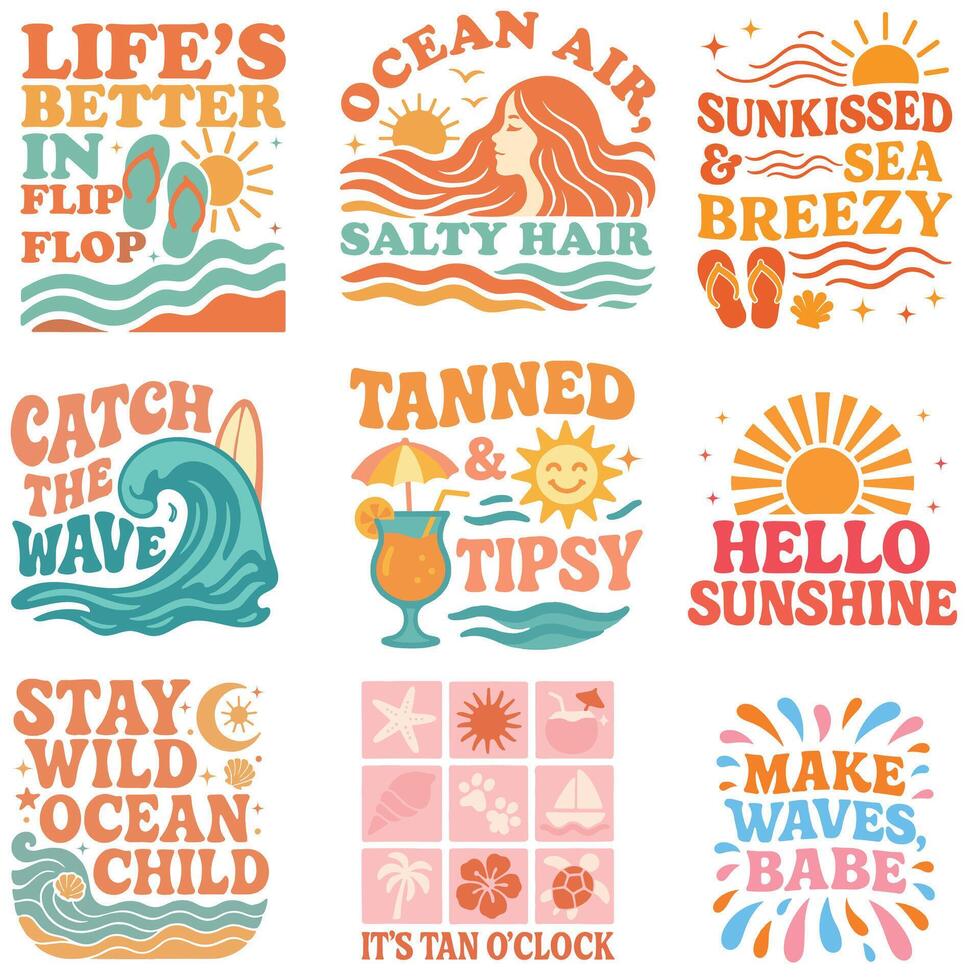 Collection of Boho Retro Summer Beach T-shirt , Boho Summer Beach Shirt Design illustration vector