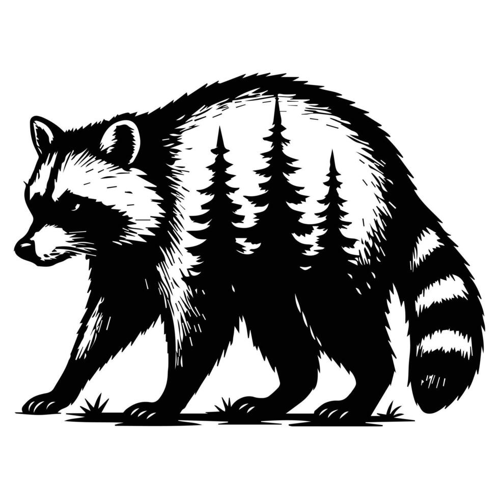 raccoon Forest Nature animal art, Animal forest scene illustration, Jungle Animals silhouette sublimation design vector