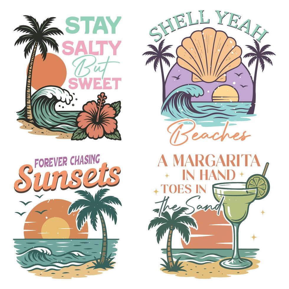 collection of vintage summer Beach T-Shirt design, Retro Beach Sunshine illustration, Vintage Summer Beach Sunset design sublimation vector