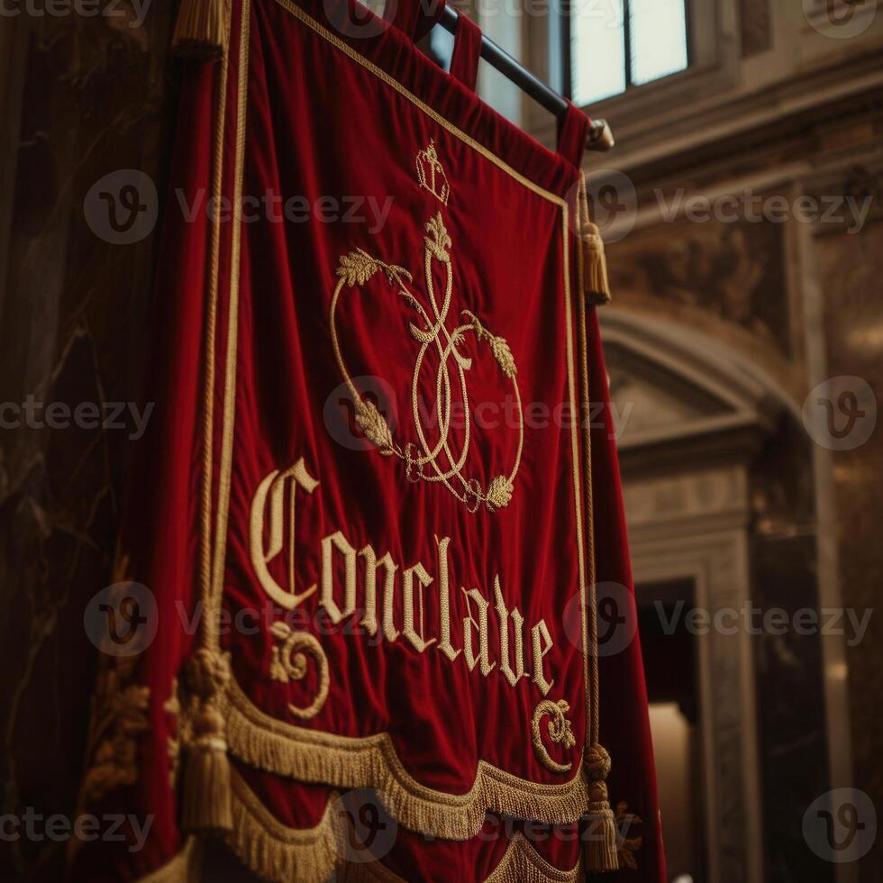 Luxurious red velvet conclave banner with gold embroidery in ornate church interior photo