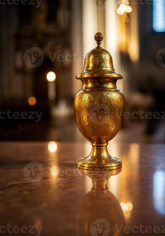 Golden Ballot Urn on Marble Surface, Symbol of Sacred Ceremony in Papal Election photo