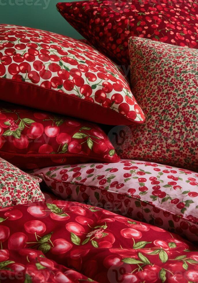 Cherry themed decorative pillows with vibrant patterns for home design inspiration photo