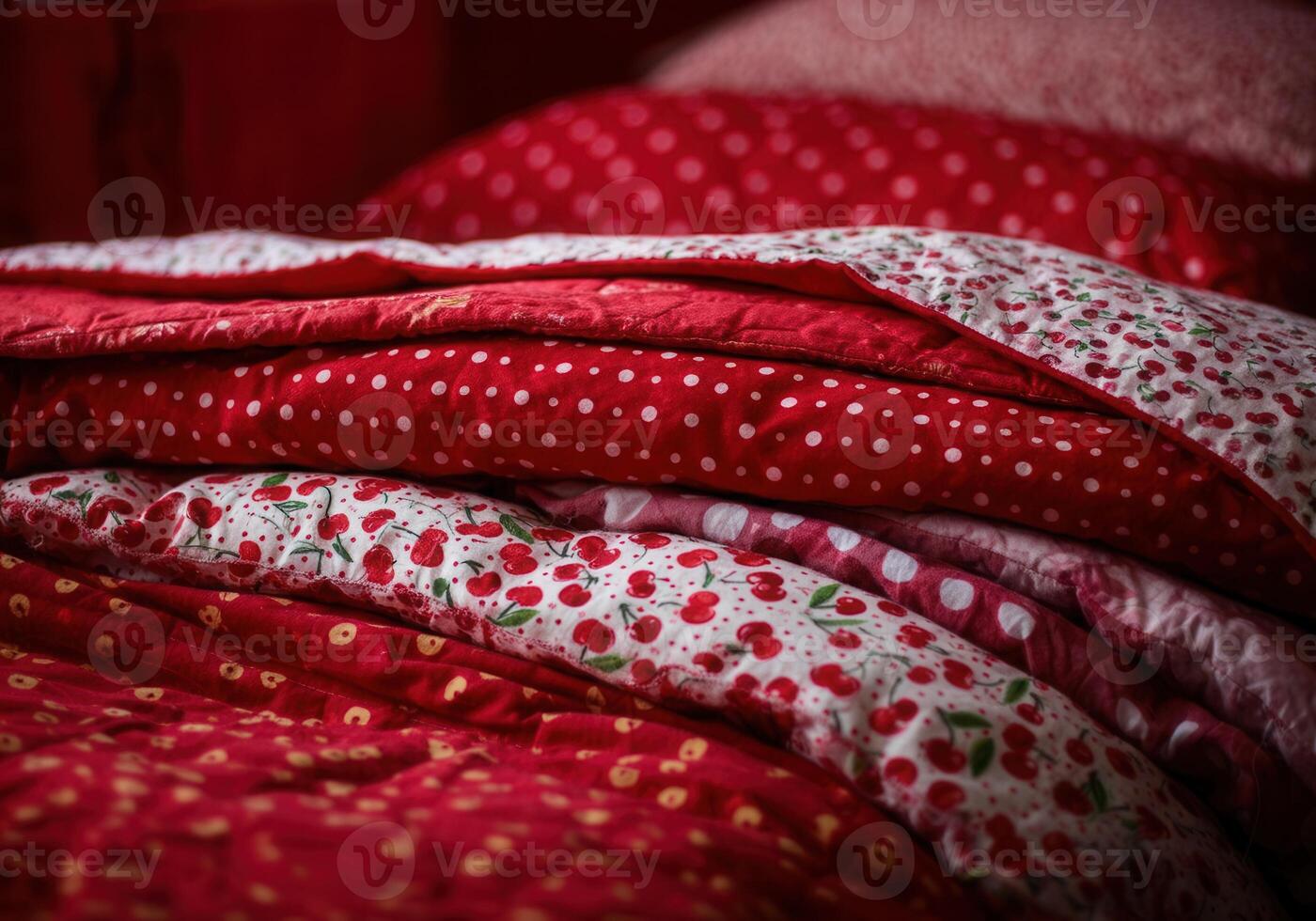 Cozy red bedding with polka dot and cherry patterns for bedroom decor photo