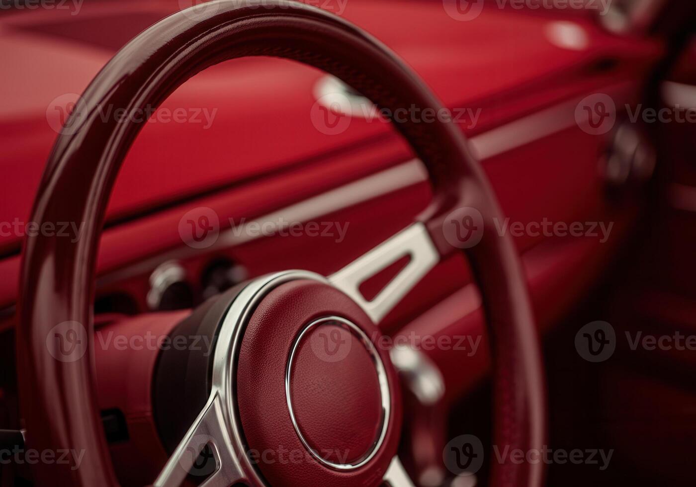 Futuristic dark red cherry car interior design highlighting steering wheel photo