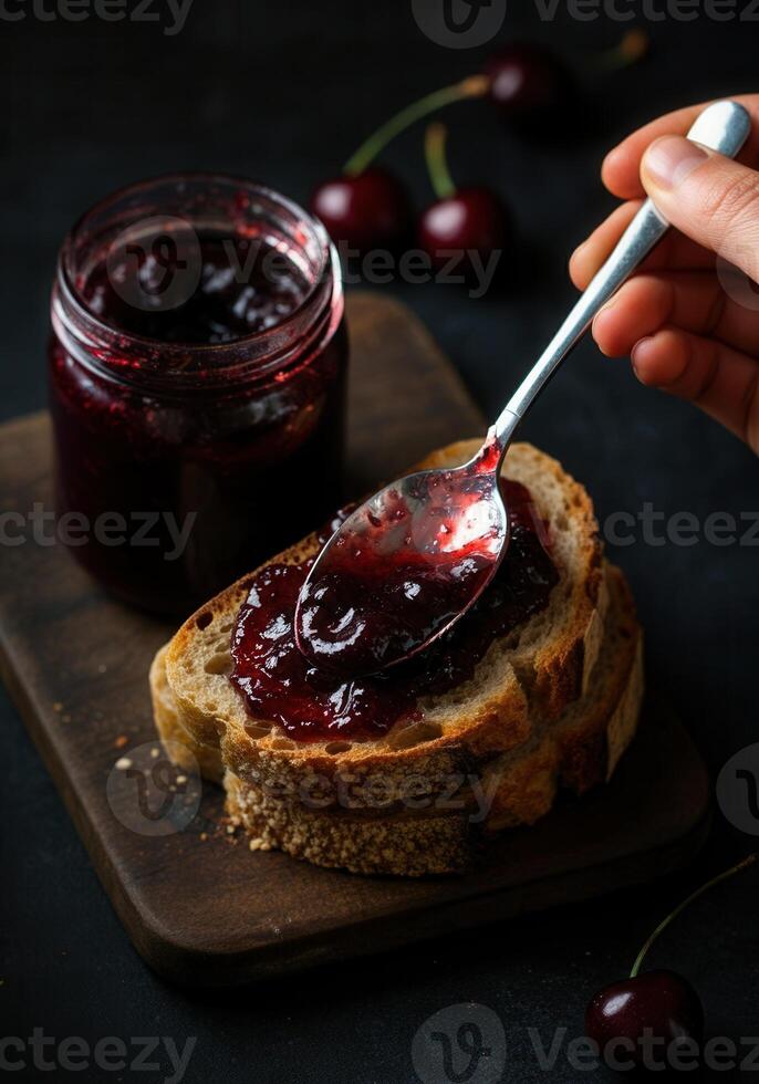 Delicious homemade cherry jam spread on rustic bread for breakfast photo