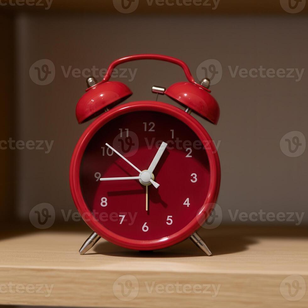 Cherry red minimalist alarm clock isolated on a light wood shelf. photo
