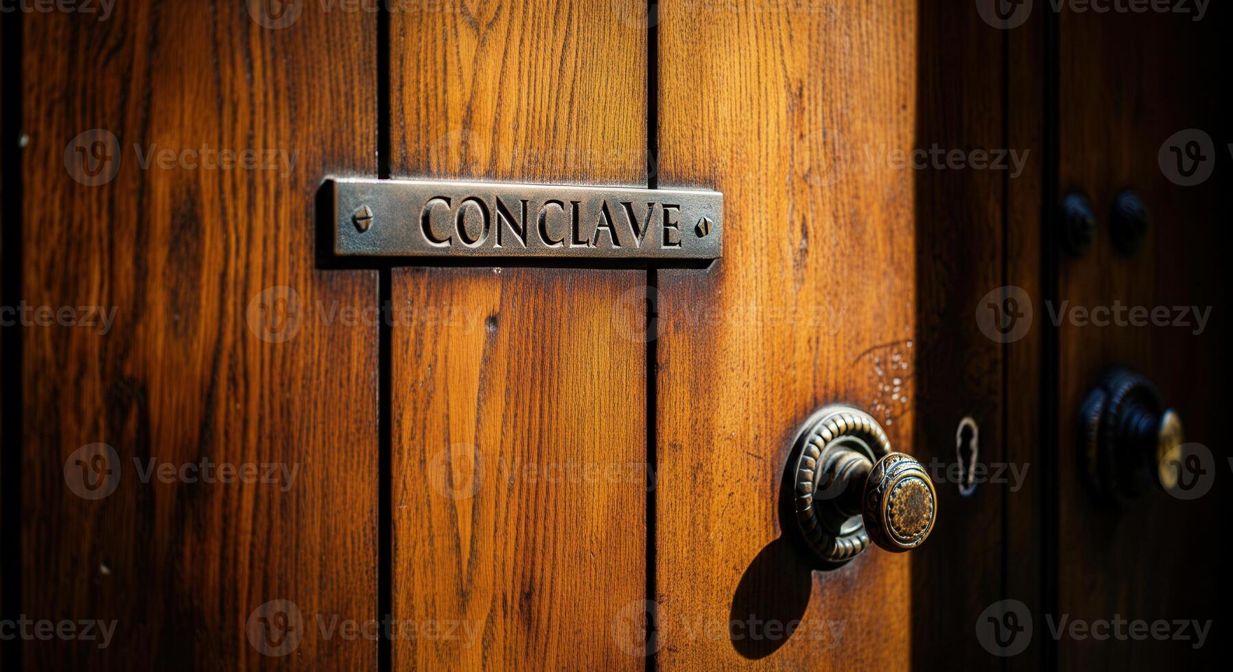 Antique wooden door with conclave sign and brass handle photo