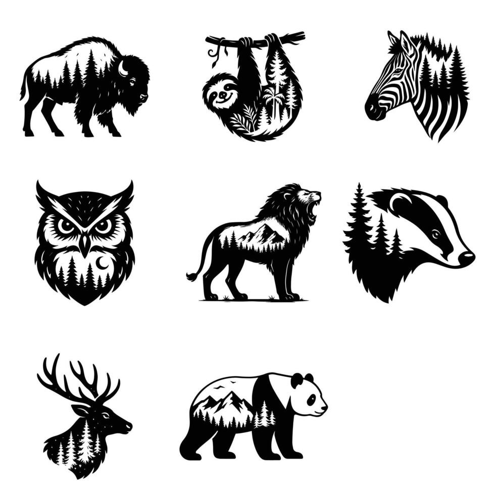 bundle of Forest Nature animal art, Animal forest scene illustration, Jungle Animals silhouette sublimation design vector