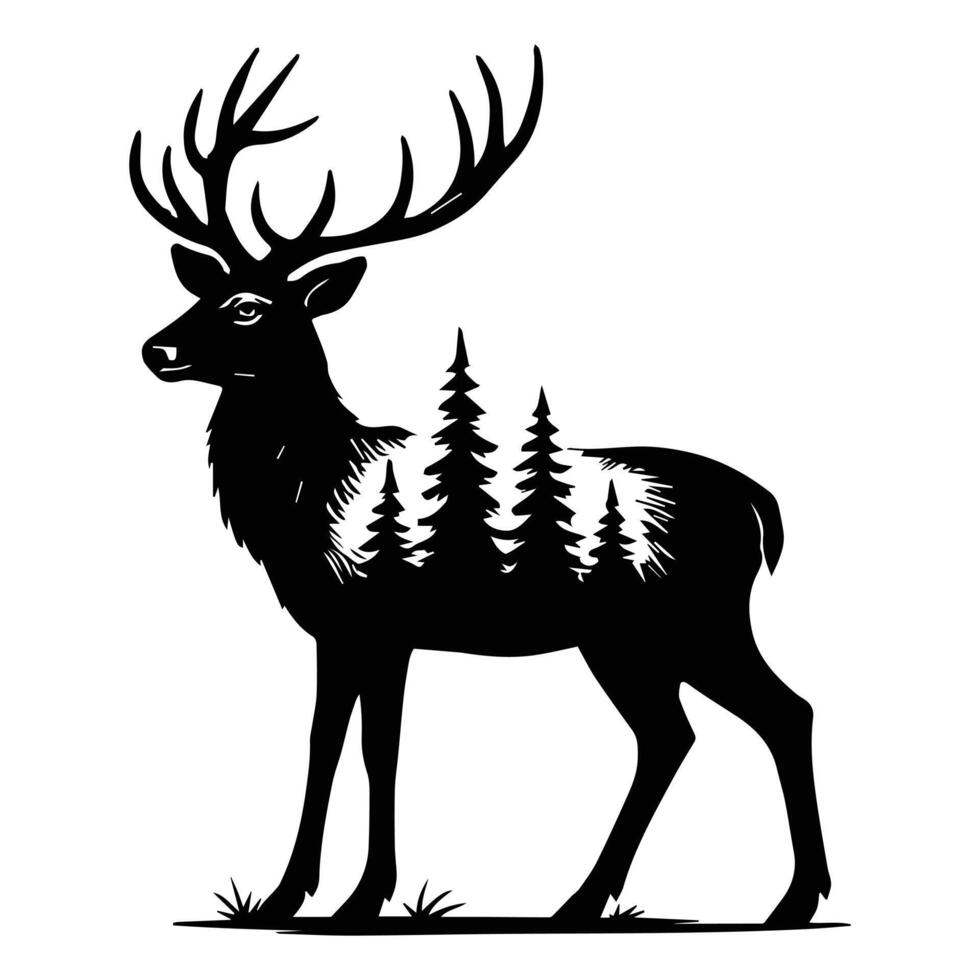 deer Forest Nature art , Animal forest scene illustration, Jungle Animals silhouette sublimation design vector