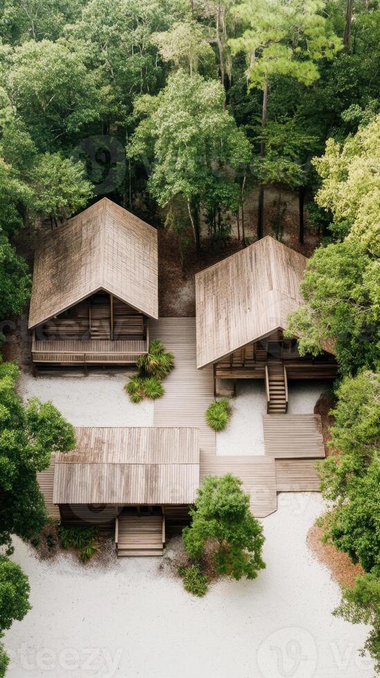 Aerial view of wooden cabins surrounded by lush green forest and white sand landscape. Architecture in nature with peaceful atmosphere. Birdseye of houses photo