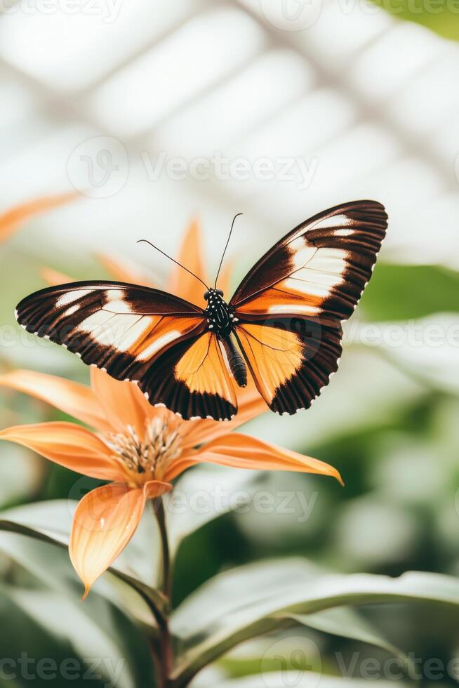 Tropical butterfly resting on a bright orange flower. Insect with black brown white wings is in a garden. Green leaves and bokeh background photo