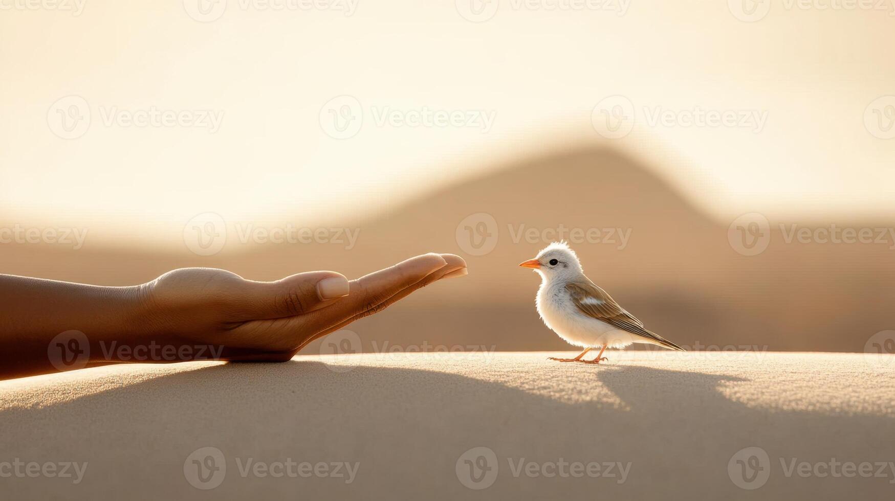 Small bird looks at hand in desert. Soft light shines on sand. Tiny animal and open palm meet in nature. photo