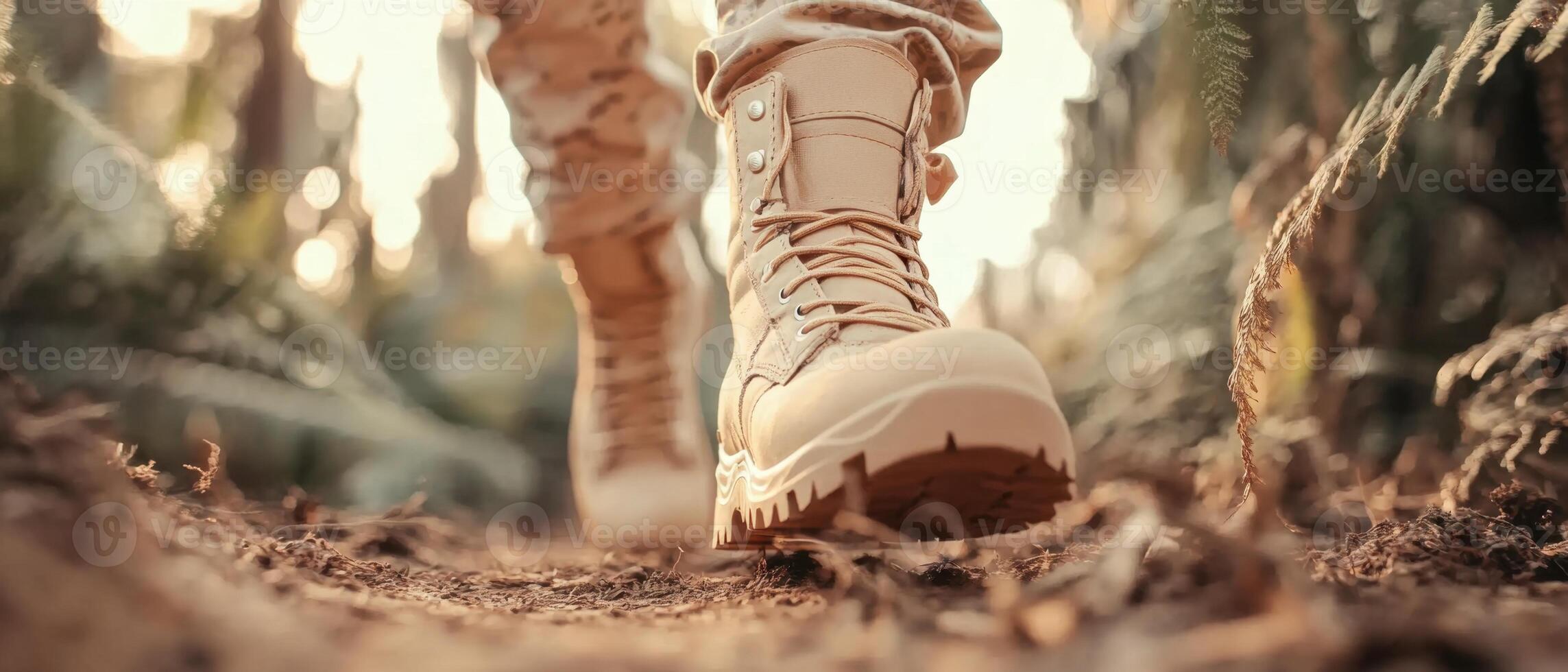 Hiking boots walk on dirt path. Boots on ground in outdoor nature scene. Sunlight shines through foliage in background. Walking on forest trail. photo