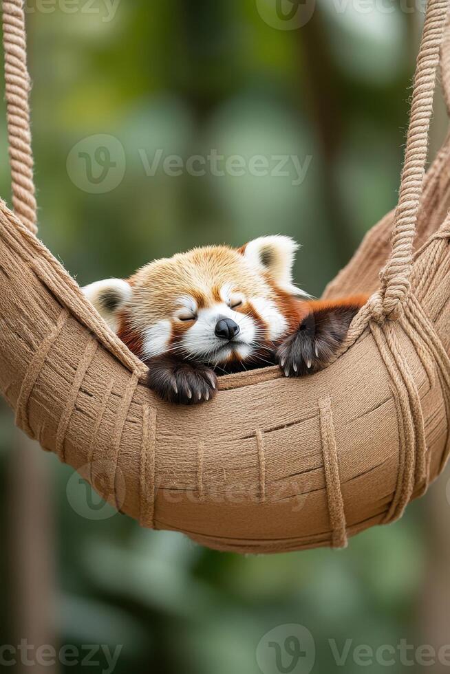 Red panda is sleeping peacefully in a brown hammock. Fluffy animal taking a nap outside. Green trees visible in background. Cute wild animal resting. photo