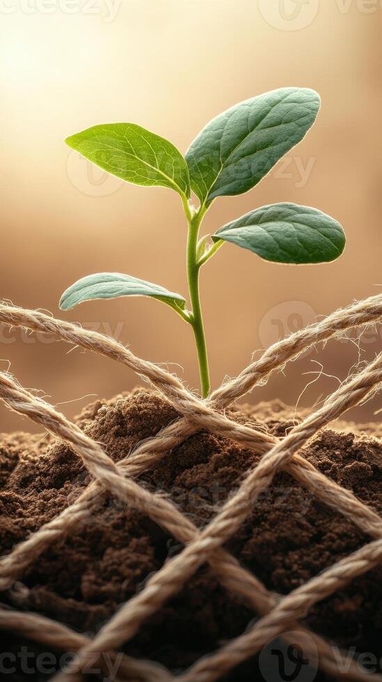 Small plant growing from soil under netting. Green leaves reach toward the light. New growth emerges from the earth in early spring. photo