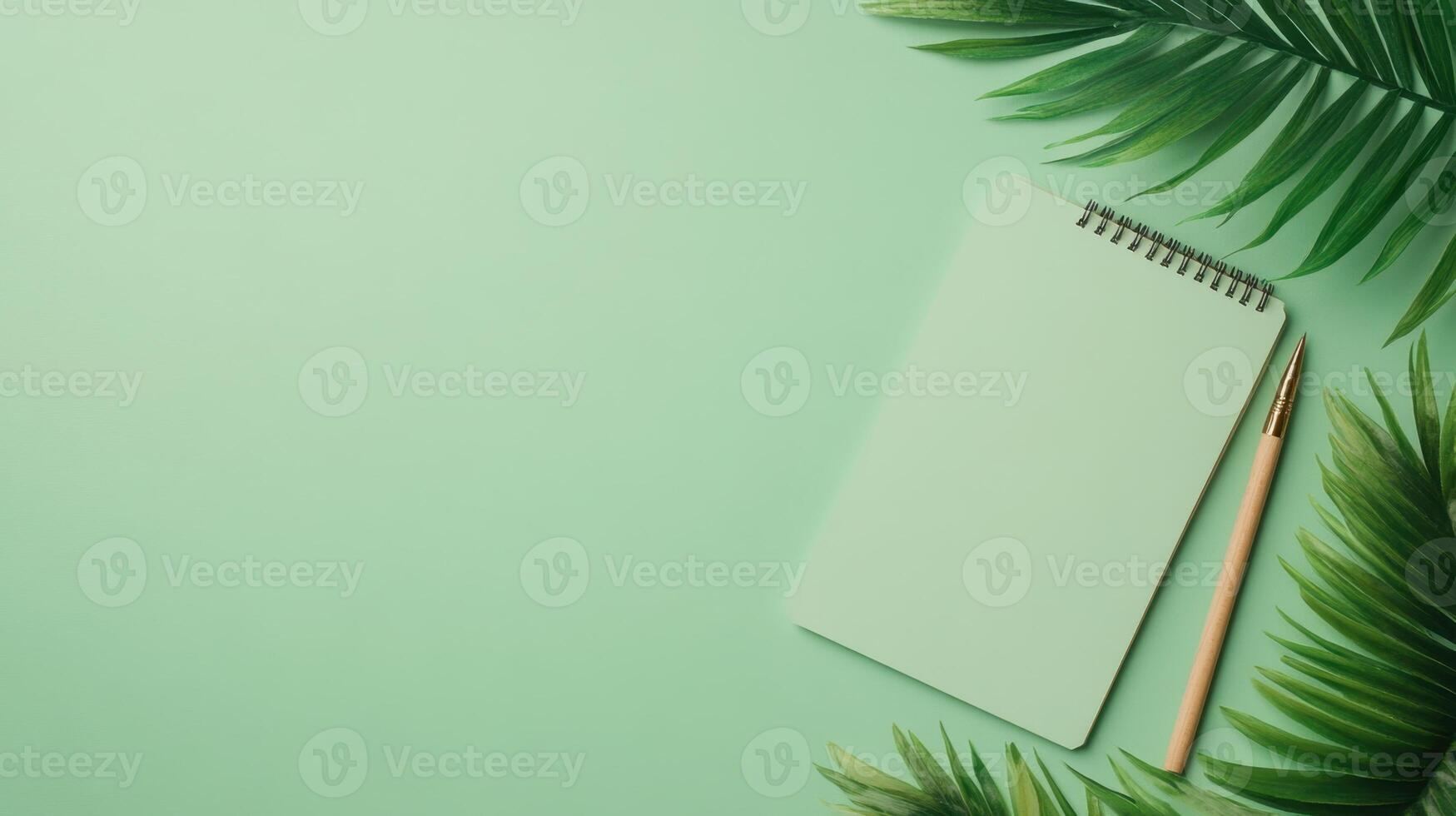 Green notebook and pen on a light green surface. Palm leaves decorate the scene. Overhead shot with empty space to the left. photo