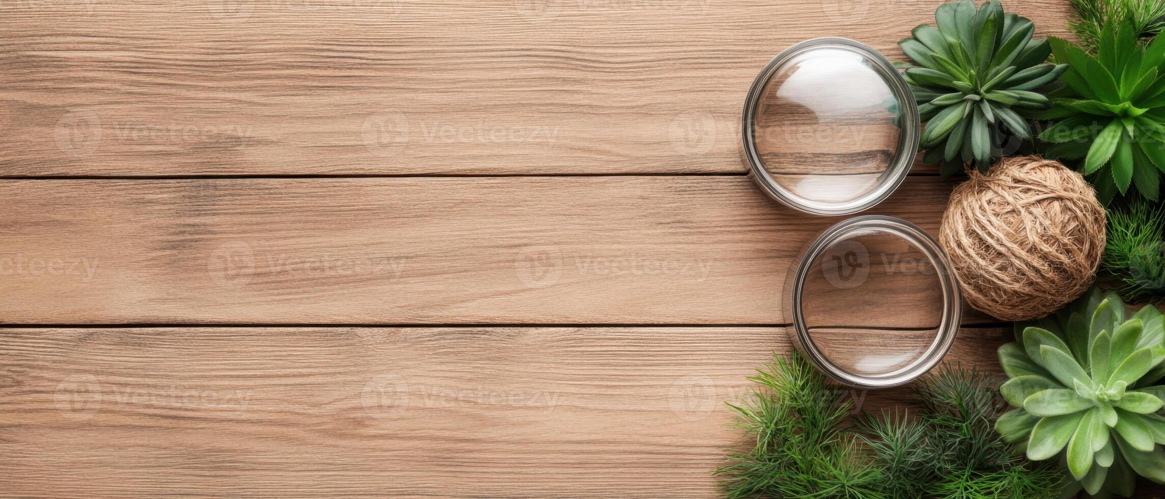 Wooden planks surface background with green plants glass jars and a twine ball on corner flat lay backdrop photo