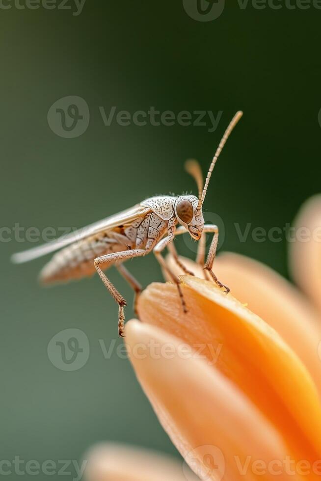 Small tan insect rests on a soft orange flower petal. Detailed close up shot of tiny animal with patterned wings in nature setting. photo