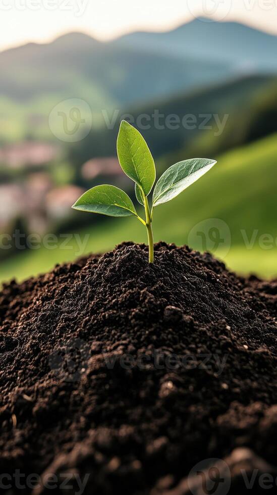 Small sprout growing from dark soil. Young plant with green leaves emerging in a countryside environment with hills and soft sunlight. photo