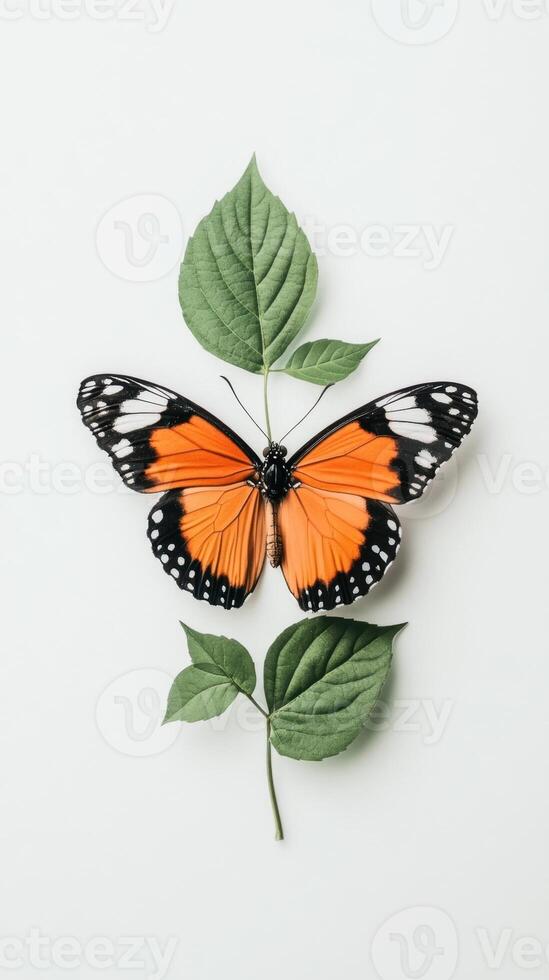 Orange butterfly rests near green leaves on a simple white background. Butterfly has black and white markings on the wing edges. Flat lay photo. photo