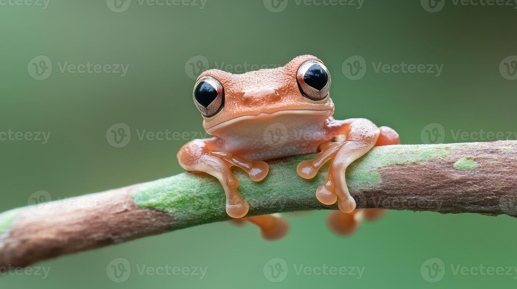 Small orange frog clings to a thin green branch. The amphibian has big black eyes against a soft green background. Wildlife close up. photo