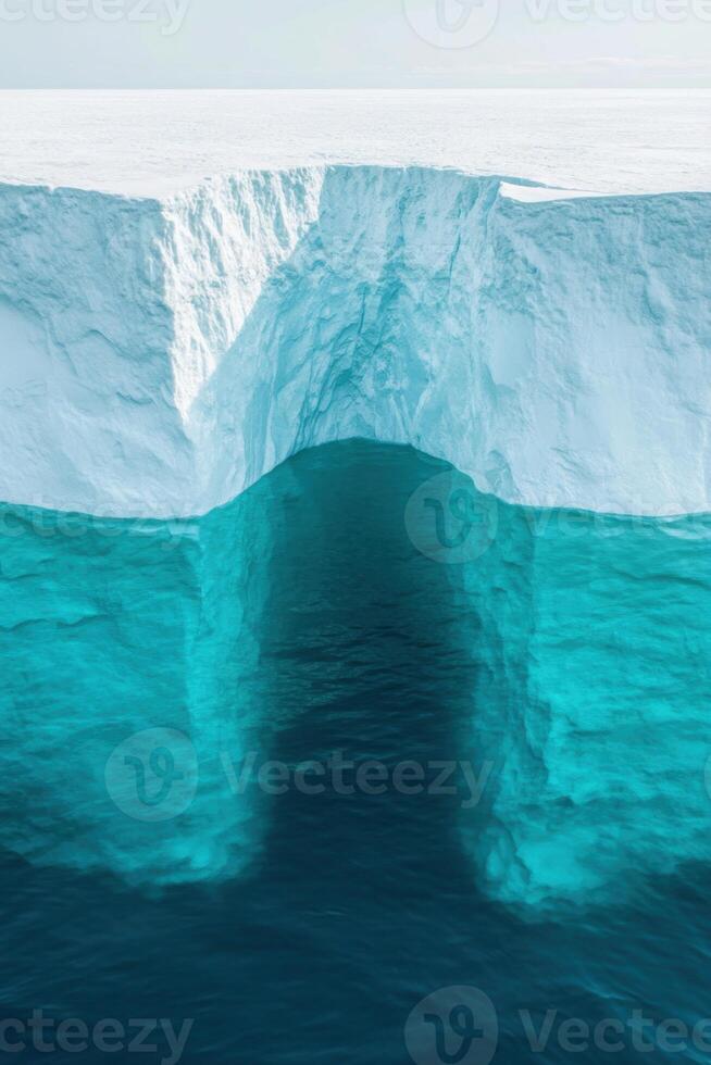 Large iceberg with blue water erosion. Clear sky and bright light highlight frozen scene. Details of cave entrance under the white ice sheet. photo