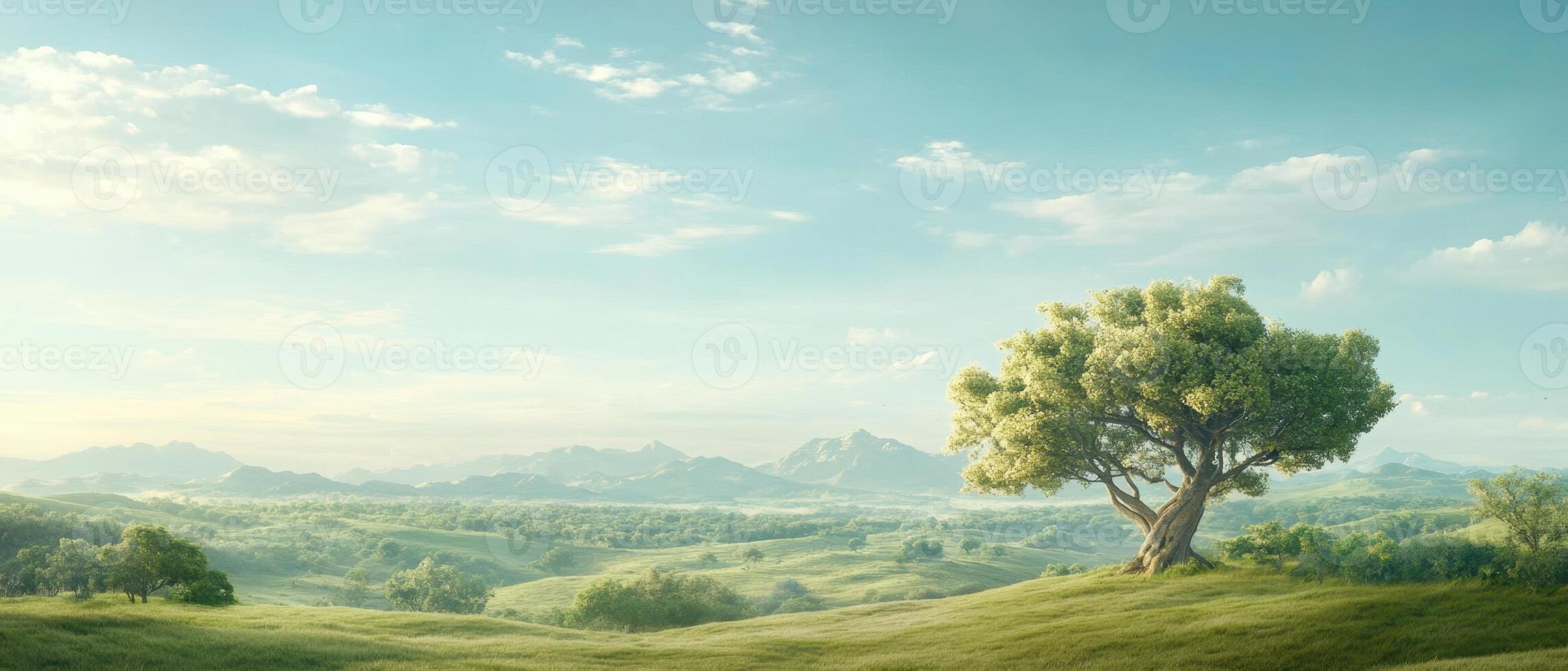 Green tree stands on hill. Mountain range in distance. Sunny day with bright blue sky and soft clouds. Lush green valley below. photo