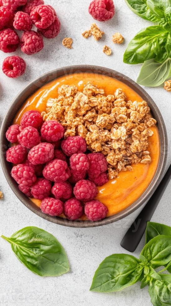 Breakfast bowl. Smoothie with fresh raspberries and granola. Food on a white background. Healthy vegetarian meal. Delicious fruit combination photo