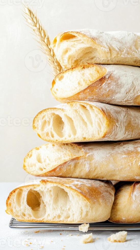 Stack of crusty bread loaves with flour and wheat stalk on light surface. Studio shot of sliced bread showing air pockets photo