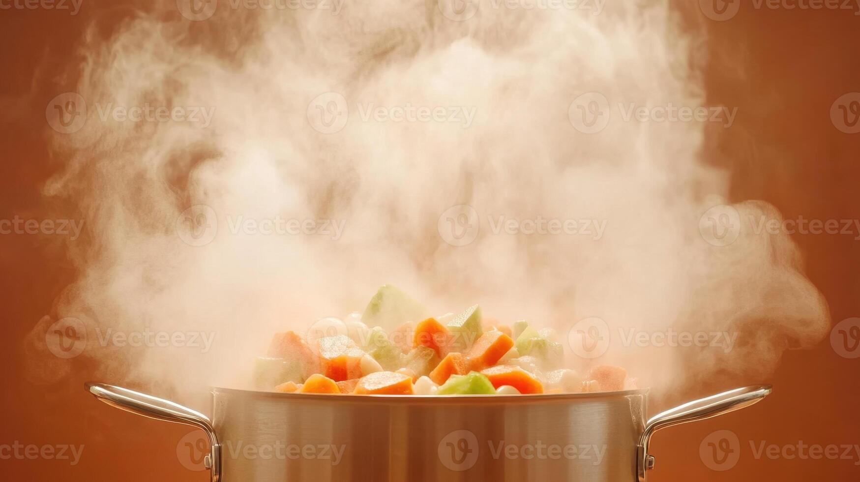 Chopped vegetables steaming in a metal pot. Cooking healthy food with carrots, zucchini, and other ingredients, on a brown background photo