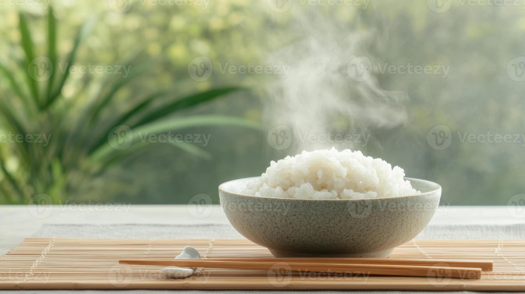 Steaming white rice in a bowl. Chopsticks rest on a bamboo mat with greenery background. Freshly cooked grains served on a table photo
