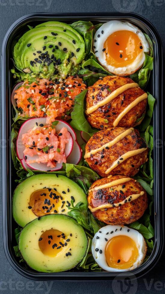 Healthy lunch box with avocado, eggs, salmon, and leafy greens on a dark background. Colorful and nutritious meal in a black container photo