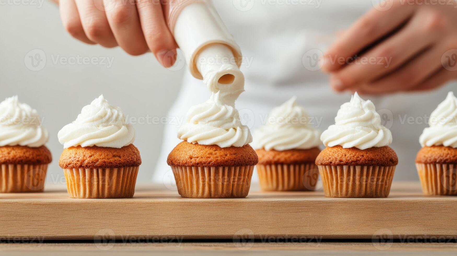 Cupcakes being decorated with white cream icing on wooden board. Row of baked desserts. Vegetarian sweet food photo
