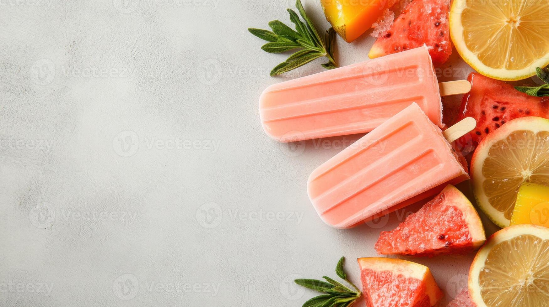 Two pink popsicles lie between slices of watermelon, grapefruit, lemon, and mango, garnished with green herbs on a gray surface photo