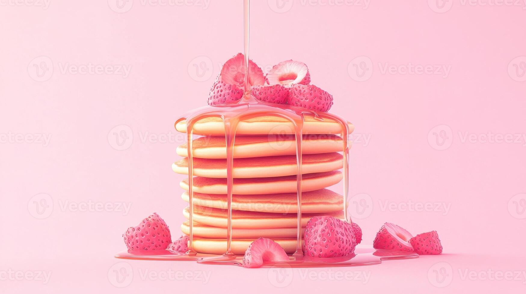 Pancakes stack syrup pouring with strawberries topping on pink surface. Sweet vegetarian desserts arrangement. Delicious treat for breakfast or snack. photo